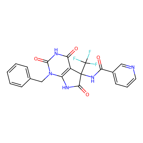 N-(1-benzyl-2,4,6-trioxo-5-(trifluoromethyl)-2,3,4,5,6,7-hexahydro-1H-pyrrolo[2,3-d]pyrimidin-5-yl)nicotinamide structure