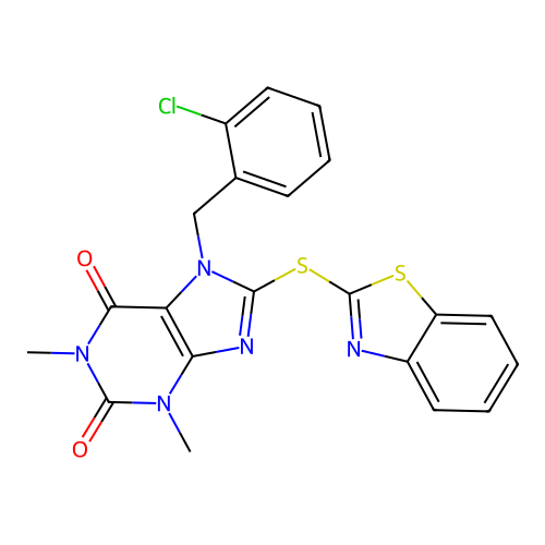 8-(1,3-benzothiazol-2-ylsulfanyl)-7-[(2-chlorophenyl)methyl]-1,3-dimethylpurine-2,6-dione structure