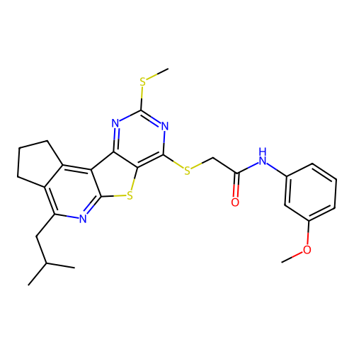 2-((4-isobutyl-9-(methylthio)-2,3-dihydro-1H-cyclopenta[4',5']pyrido[3',2':4,5]thieno[3,2-d]pyrimidin-7-yl)thio)-N-(3-methoxyphenyl)acetamide structure