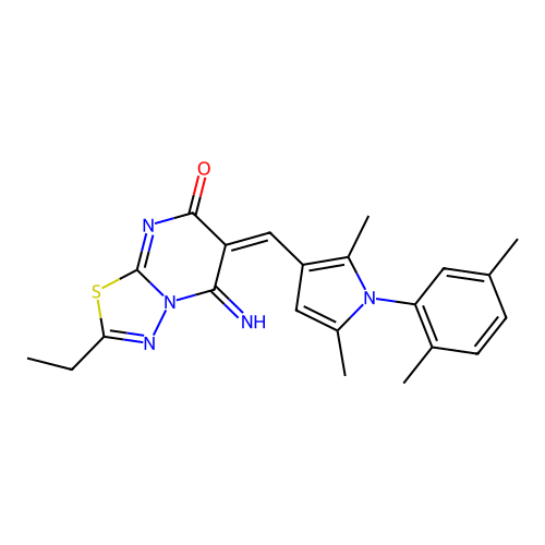 (E)-6-((1-(2,5-dimethylphenyl)-2,5-dimethyl-1H-pyrrol-3-yl)methylene)-2-ethyl-5-imino-5H-[1,3,4]thiadiazolo[3,2-a]pyrimidin-7(6H)-one structure