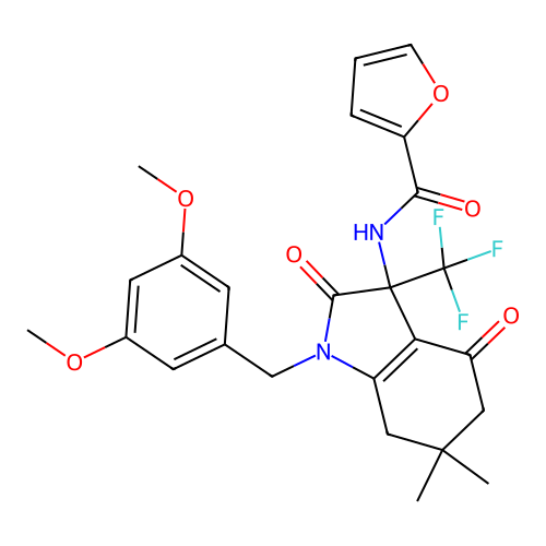 Furan-2-carboxylic acid  [1-(3,5-dimethoxy-benzyl)-6,6-dimethyl-2,4-dioxo-3-trifluoromethyl-2,3,4,5,6,7-hexahydro-1H-indol-3-yl]- amide structure