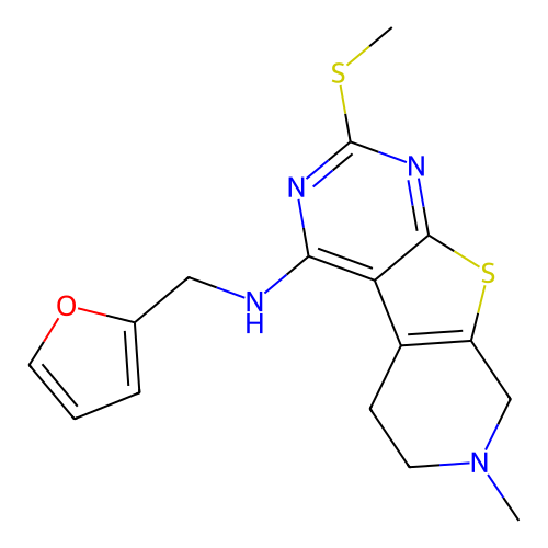 2-furfuryl-[7-methyl-2-(methylthio)-6,8-dihydro-5H-pyrido[4,5]thieno[1,2-c]pyrimidin-4-yl]amine structure