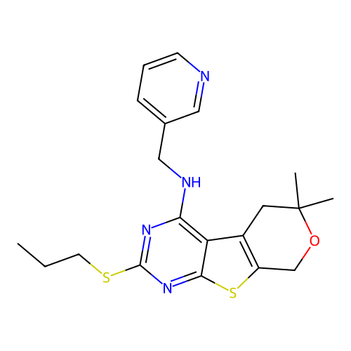 6,6-dimethyl-2-(propylsulfanyl)-N-(pyridin-3-ylmethyl)-5,8-dihydro-6H-pyrano[4',3':4,5]thieno[2,3-d]pyrimidin-4-amine structure