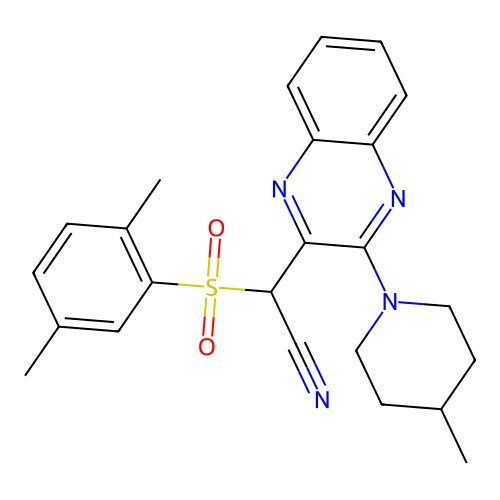 2-((2,5-dimethylphenyl)sulfonyl)-2-(3-(4-methylpiperidin-1-yl)quinoxalin-2-yl)acetonitrile structure