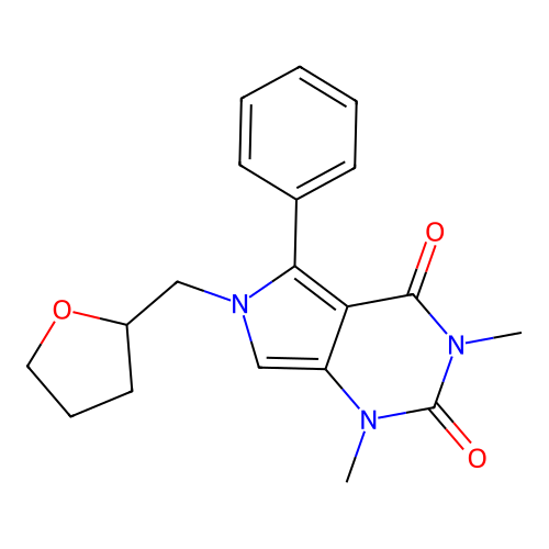 1,3-dimethyl-6-(oxolan-2-ylmethyl)-5-phenylpyrrolo[3,4-d]pyrimidine-2,4-dione structure