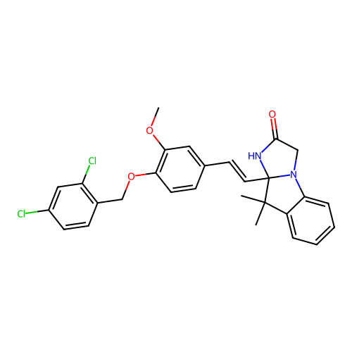 (E)-9a-(4-((2,4-dichlorobenzyl)oxy)-3-methoxystyryl)-9,9-dimethyl-9,9a-dihydro-1H-imidazo[1,2-a]indol-2(3H)-one structure