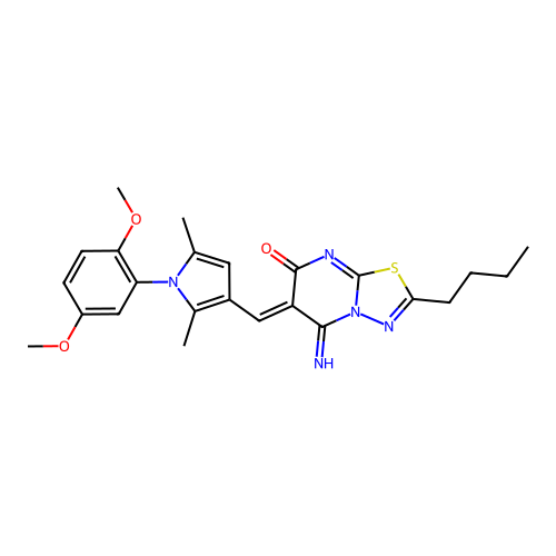 (6Z)-2-butyl-6-[[1-(2,5-dimethoxyphenyl)-2,5-dimethylpyrrol-3-yl]methylidene]-5-imino-[1,3,4]thiadiazolo[3,2-a]pyrimidin-7-one structure