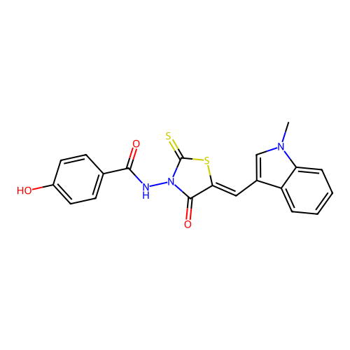 (Z)-4-hydroxy-N-(5-((1-methyl-1H-indol-3-yl)methylene)-4-oxo-2-thioxothiazolidin-3-yl)benzamide structure