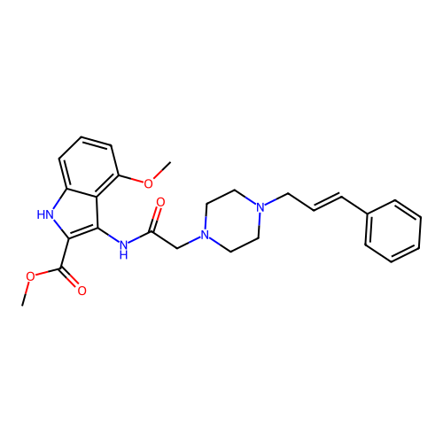 (E)-methyl 3-(2-(4-cinnamylpiperazin-1-yl)acetamido)-4-methoxy-1H-indole-2-carboxylate structure