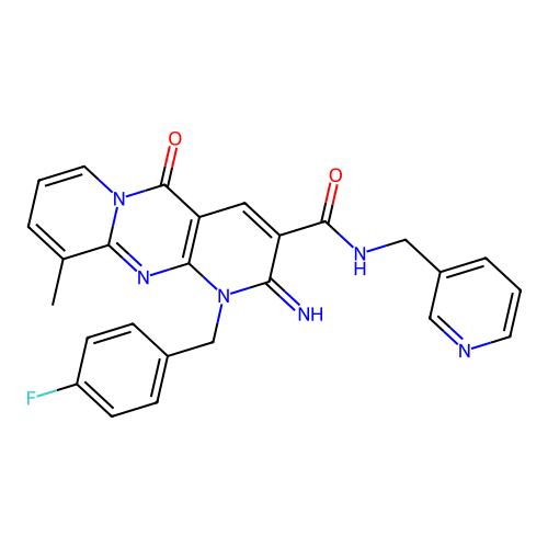 {1-[(4-fluorophenyl)methyl]-2-imino-10-methyl-5-oxo(1,6-dihydropyridino[2,3-d] pyridino[1,2-a]pyrimidin-3-yl)}-N-(3-pyridylmethyl)carboxamide structure