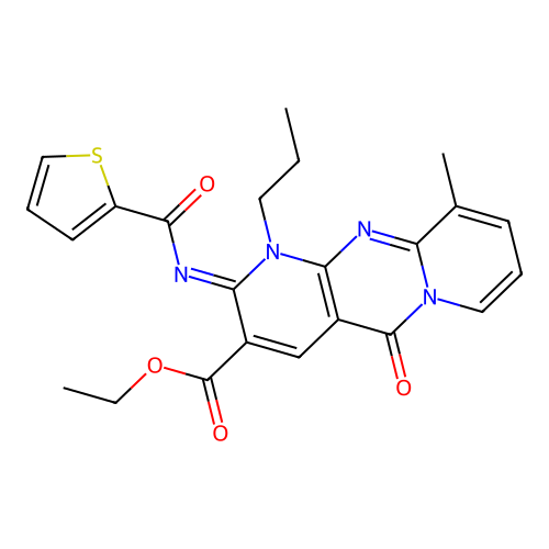 (Z)-ethyl 10-methyl-5-oxo-1-propyl-2-((thiophene-2-carbonyl)imino)-2,5-dihydro-1H-dipyrido[1,2-a:2',3'-d]pyrimidine-3-carboxylate structure