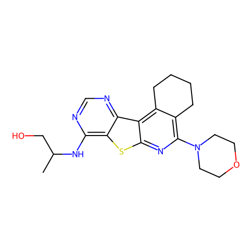 2-((5-morpholino-1,2,3,4-tetrahydropyrimido[4',5':4,5]thieno[2,3-c]isoquinolin-8-yl)amino)propan-1-ol structure