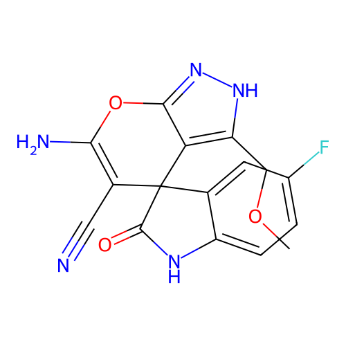 6'-amino-5-fluoro-3'-(methoxymethyl)-2-oxo-1,2-dihydro-2'H-spiro[indole-3,4'-pyrano[2,3-c]pyrazole]-5'-carbonitrile structure