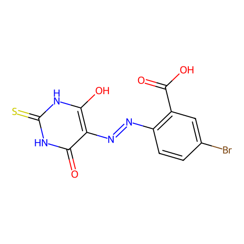 5-bromo-2-[2-(4,6-dioxo-2-sulfanylidene-1,3-diazinan-5-ylidene)hydrazinyl]benzoic Acid structure