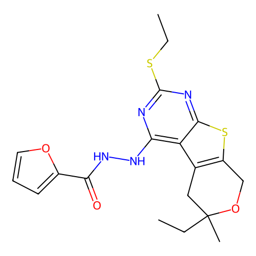 N'-(6-ethyl-2-(ethylthio)-6-methyl-6,8-dihydro-5H-pyrano[4',3':4,5]thieno[2,3-d]pyrimidin-4-yl)furan-2-carbohydrazide structure