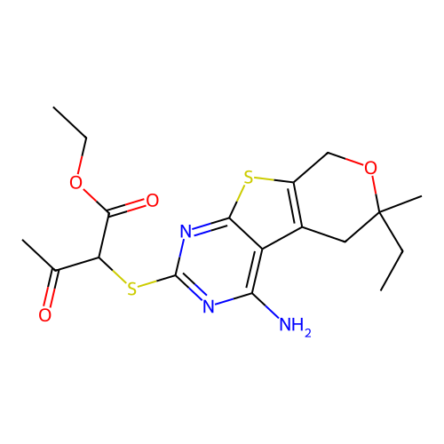 ethyl 2-((4-amino-6-ethyl-6-methyl-6,8-dihydro-5H-pyrano[4',3':4,5]thieno[2,3-d]pyrimidin-2-yl)thio)-3-oxobutanoate structure