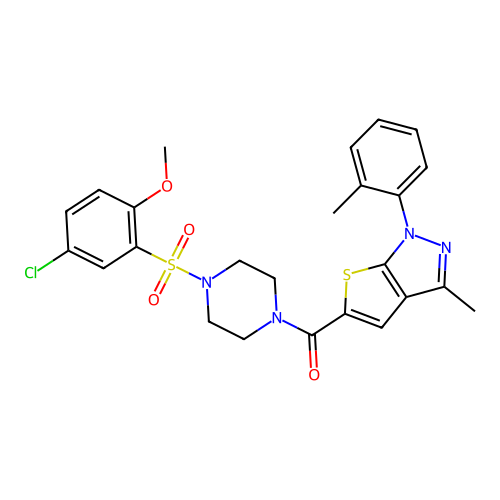 (4-((5-chloro-2-methoxyphenyl)sulfonyl)piperazin-1-yl)(3-methyl-1-(o-tolyl)-1H-thieno[2,3-c]pyrazol-5-yl)methanone structure