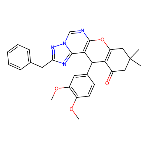 2-benzyl-12-(3,4-dimethoxyphenyl)-9,9-dimethyl-8,9,10,12-tetrahydro-11H-chromeno[3,2-e][1,2,4]triazolo[1,5-c]pyrimidin-11-one structure