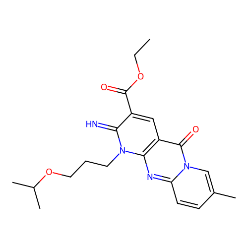 ethyl 6-imino-13-methyl-2-oxo-7-[3-(propan-2-yloxy)propyl]-1,7,9-triazatricyclo[8.4.0.0^{3,8}]tetradeca-3(8),4,9,11,13-pentaene-5-carboxylate structure