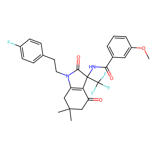 N-(1-(4-fluorophenethyl)-6,6-dimethyl-2,4-dioxo-3-(trifluoromethyl)-2,3,4,5,6,7-hexahydro-1H-indol-3-yl)-3-methoxybenzamide structure