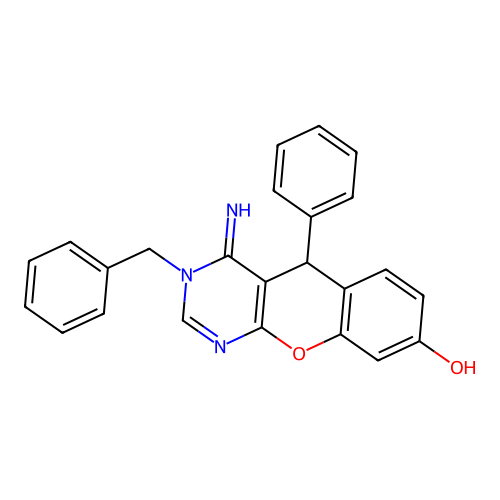3-benzyl-4-imino-5-phenyl-3,5-dihydro-4H-chromeno[2,3-d]pyrimidin-8-ol structure