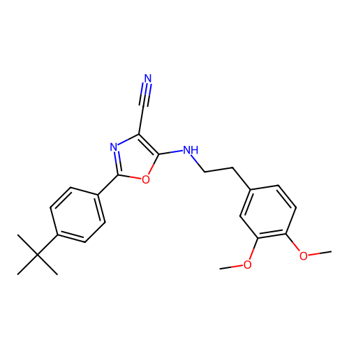 2-(4-tert-butylphenyl)-5-{[2-(3,4-dimethoxyphenyl)ethyl]amino}-1,3-oxazole-4-carbonitrile structure