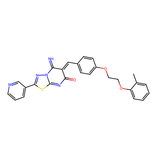 (6Z)-5-imino-6-[[4-[2-(2-methylphenoxy)ethoxy]phenyl]methylidene]-2-pyridin-3-yl-[1,3,4]thiadiazolo[3,2-a]pyrimidin-7-one structure