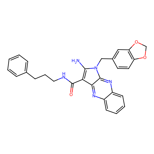 2-amino-1-(1,3-benzodioxol-5-ylmethyl)-N-(3-phenylpropyl)-1H-pyrrolo[2,3-b]quinoxaline-3-carboxamide structure
