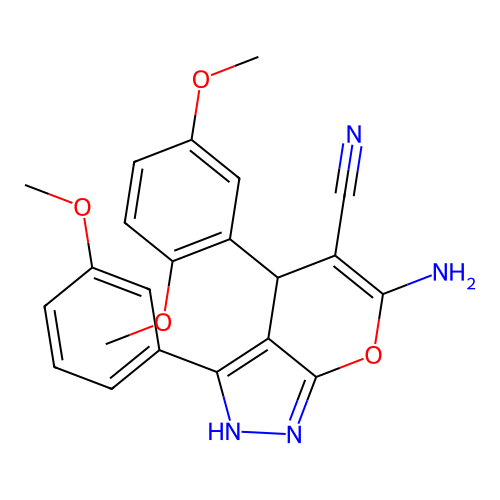 6-amino-4-(2,5-dimethoxyphenyl)-3-(3-methoxyphenyl)-2,4-dihydropyrano[2,3-c]pyrazole-5-carbonitrile structure