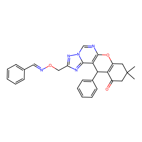 9,9-dimethyl-12-phenyl-2-[({[(E)-phenylmethylidene]amino}oxy)methyl]-8,9,10,12-tetrahydro-11H-chromeno[3,2-e][1,2,4]triazolo[1,5-c]pyrimidin-11-one structure