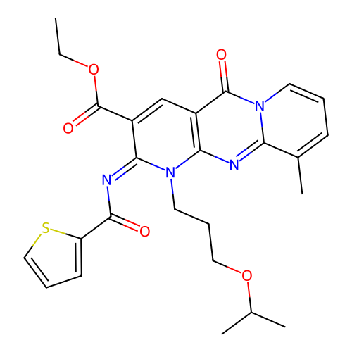 (Z)-ethyl 1-(3-isopropoxypropyl)-10-methyl-5-oxo-2-((thiophene-2-carbonyl)imino)-2,5-dihydro-1H-dipyrido[1,2-a:2',3'-d]pyrimidine-3-carboxylate structure