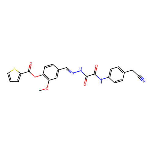 (E)-4-((2-(2-((4-(cyanomethyl)phenyl)amino)-2-oxoacetyl)hydrazono)methyl)-2-methoxyphenyl thiophene-2-carboxylate structure