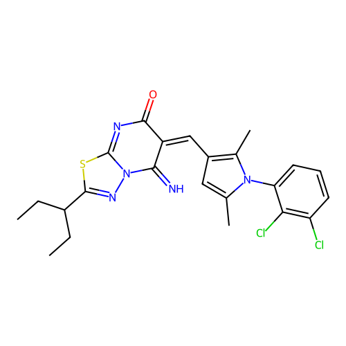 (E)-6-((1-(2,3-dichlorophenyl)-2,5-dimethyl-1H-pyrrol-3-yl)methylene)-5-imino-2-(pentan-3-yl)-5H-[1,3,4]thiadiazolo[3,2-a]pyrimidin-7(6H)-one structure