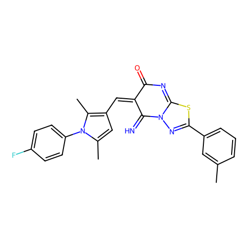 (E)-6-((1-(4-fluorophenyl)-2,5-dimethyl-1H-pyrrol-3-yl)methylene)-5-imino-2-(m-tolyl)-5H-[1,3,4]thiadiazolo[3,2-a]pyrimidin-7(6H)-one structure
