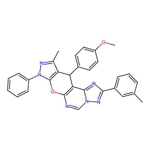 11-(4-methoxyphenyl)-10-methyl-2-(3-methylphenyl)-8-phenyl-8,11-dihydropyrazolo[4',3':5,6]pyrano[3,2-e][1,2,4]triazolo[1,5-c]pyrimidine structure