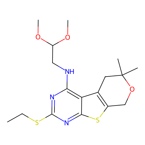 N-(2,2-dimethoxyethyl)-2-(ethylsulfanyl)-6,6-dimethyl-5,8-dihydro-6H-pyrano[4',3':4,5]thieno[2,3-d]pyrimidin-4-amine structure
