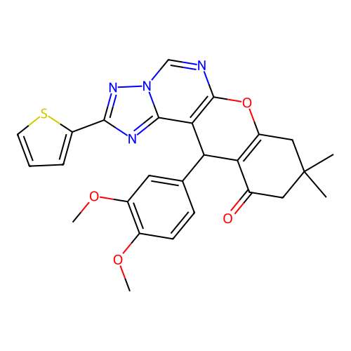 12-(3,4-dimethoxyphenyl)-9,9-dimethyl-2-(thiophen-2-yl)-8,9,10,12-tetrahydro-11H-chromeno[3,2-e][1,2,4]triazolo[1,5-c]pyrimidin-11-one structure