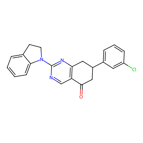 7-(3-chlorophenyl)-2-(2,3-dihydro-1H-indol-1-yl)-7,8-dihydroquinazolin-5(6H)-one structure