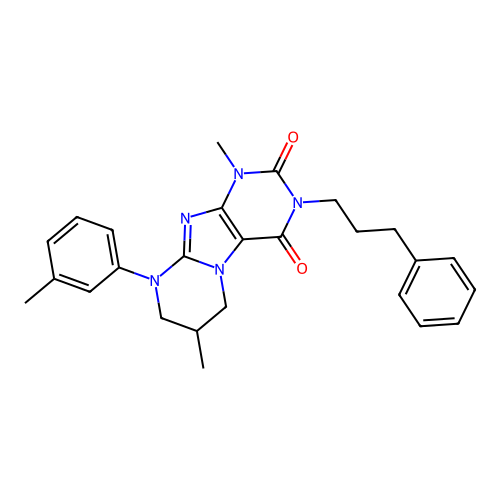 1,7-dimethyl-9-(3-methylphenyl)-3-(3-phenylpropyl)-1H,2H,3H,4H,6H,7H,8H,9H-pyrimido[1,2-g]purine-2,4-dione structure