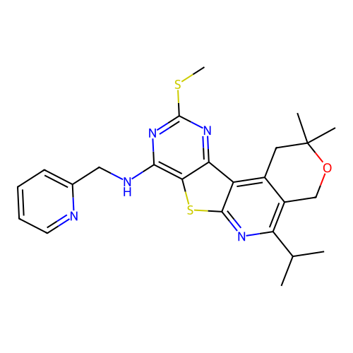 2,2-dimethyl-10-(methylsulfanyl)-5-(propan-2-yl)-N-(pyridin-2-ylmethyl)-1,4-dihydro-2H-pyrano[4'',3'':4',5']pyrido[3',2':4,5]thieno[3,2-d]pyrimidin-8-amine structure