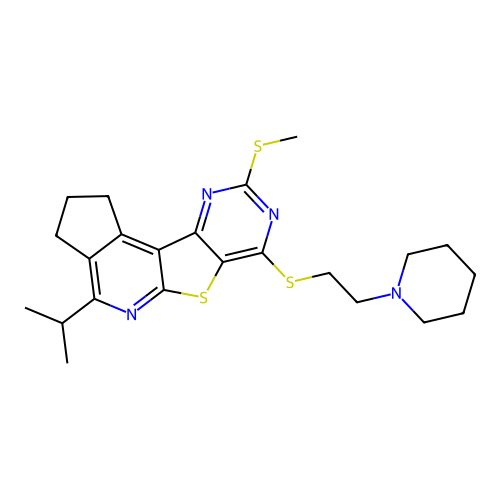 9-(methylsulfanyl)-7-{[2-(piperidin-1-yl)ethyl]sulfanyl}-4-(propan-2-yl)-2,3-dihydro-1H-cyclopenta[4',5']pyrido[3',2':4,5]thieno[3,2-d]pyrimidine structure