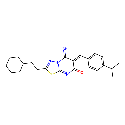 (Z)-2-(2-cyclohexylethyl)-5-imino-6-(4-isopropylbenzylidene)-5H-[1,3,4]thiadiazolo[3,2-a]pyrimidin-7(6H)-one structure