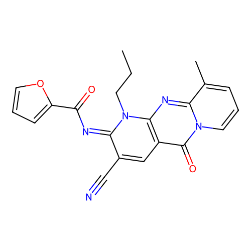 (E)-N-(3-cyano-10-methyl-5-oxo-1-propyl-1H-dipyrido[1,2-a:2',3'-d]pyrimidin-2(5H)-ylidene)furan-2-carboxamide structure