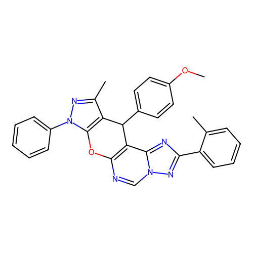 11-(4-methoxyphenyl)-10-methyl-2-(2-methylphenyl)-8-phenyl-8,11-dihydropyrazolo[4',3':5,6]pyrano[3,2-e][1,2,4]triazolo[1,5-c]pyrimidine structure