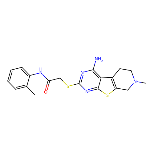 2-((4-amino-7-methyl-5,6,7,8-tetrahydropyrido[4',3':4,5]thieno[2,3-d]pyrimidin-2-yl)thio)-N-(o-tolyl)acetamide structure