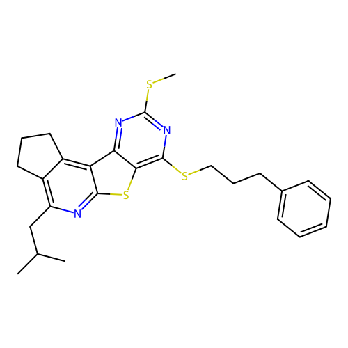 4-(2-methylpropyl)-9-(methylsulfanyl)-7-[(3-phenylpropyl)sulfanyl]-2,3-dihydro-1H-cyclopenta[4',5']pyrido[3',2':4,5]thieno[3,2-d]pyrimidine structure