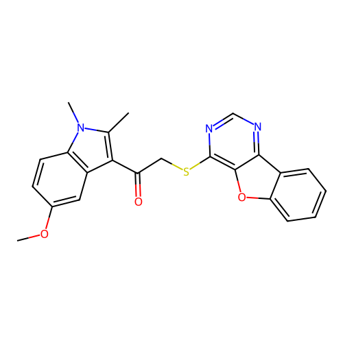 2-(benzofuro[3,2-d]pyrimidin-4-ylthio)-1-(5-methoxy-1,2-dimethyl-1H-indol-3-yl)ethanone structure