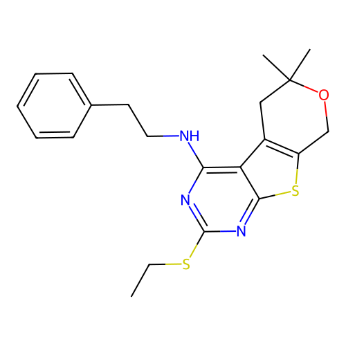 2-(ethylsulfanyl)-6,6-dimethyl-N-(2-phenylethyl)-5,8-dihydro-6H-pyrano[4',3':4,5]thieno[2,3-d]pyrimidin-4-amine structure