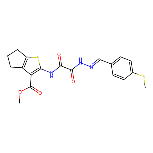(E)-methyl 2-(2-(2-(4-(methylthio)benzylidene)hydrazinyl)-2-oxoacetamido)-5,6-dihydro-4H-cyclopenta[b]thiophene-3-carboxylate structure