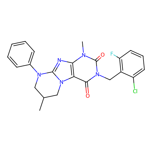 3-(2-chloro-6-fluorobenzyl)-1,7-dimethyl-9-phenyl-6,7,8,9-tetrahydropyrimido[2,1-f]purine-2,4(1H,3H)-dione structure